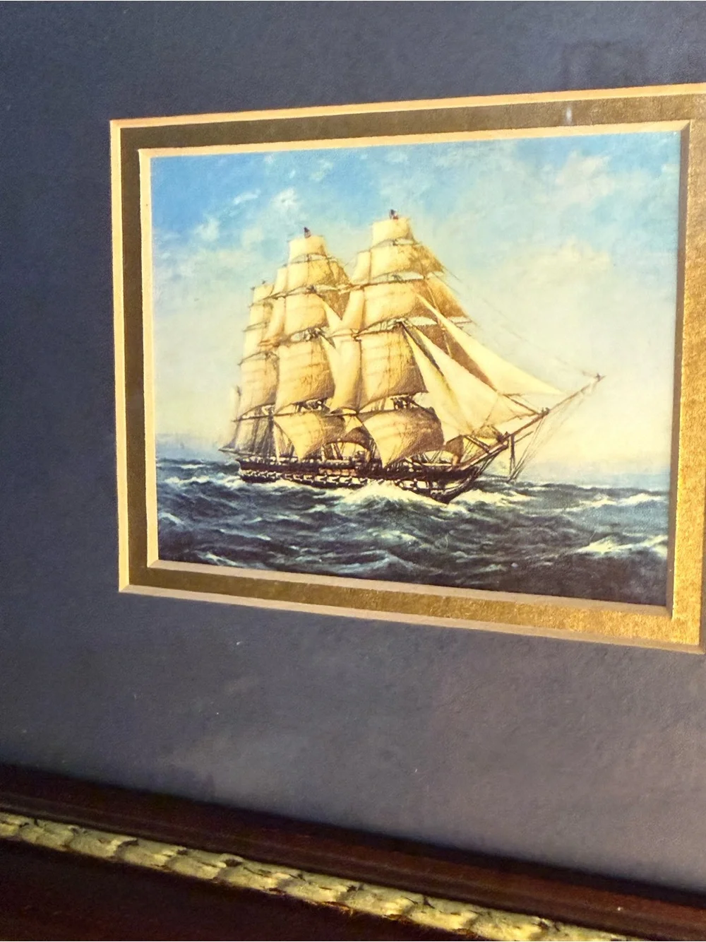 Framed Sailing Ship Wall Art - Brown Frame, Gold Trim